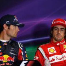 Webber y Alonso en la rueda de prensa de la FIA en Silverstone