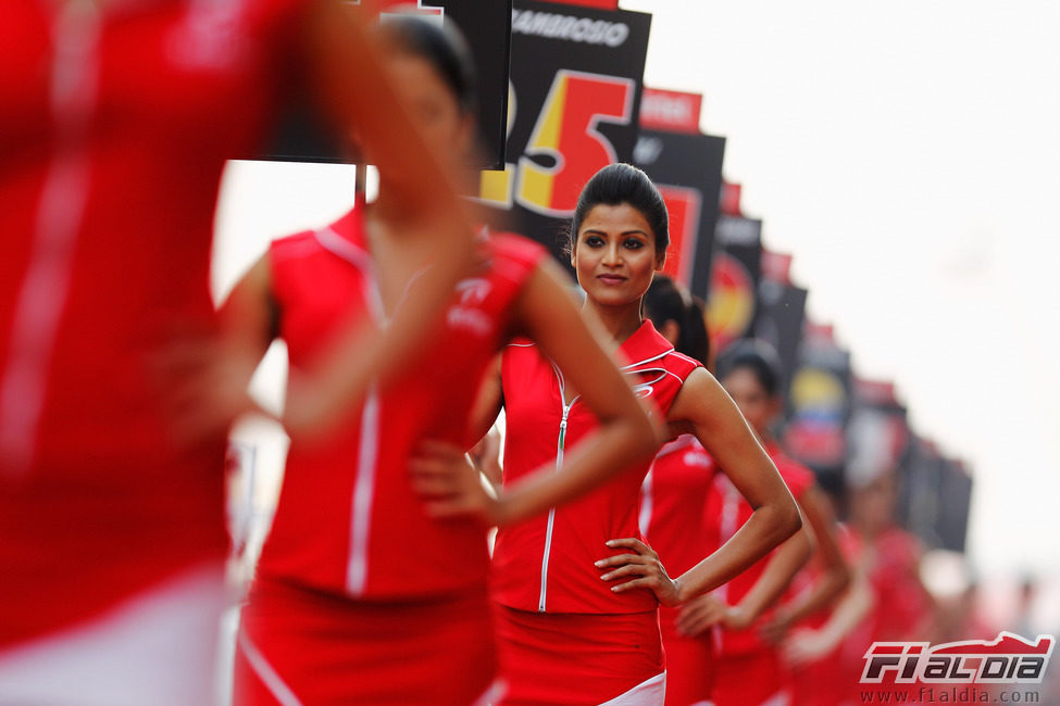 Las 'pitbabes' del GP de India sostienen los números de los pilotos