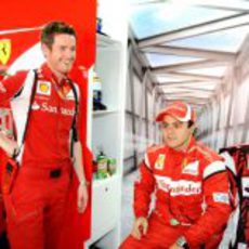 Felipe Massa y Rob Smedley bromean en el box de Ferrari