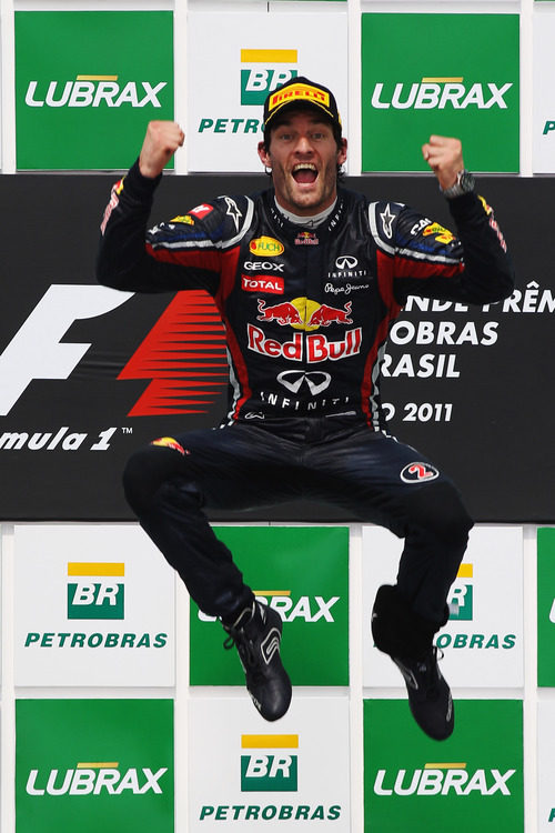 Mark Webber muy feliz en el podio del GP de Brasil 2011