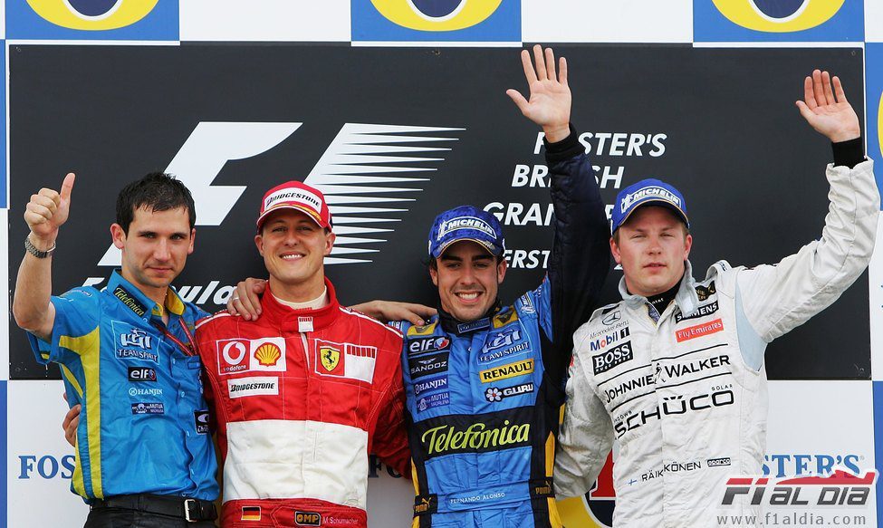 Fernando Alonso, Michael Schumacher y Kimi Räikkönen en el GP de Gran Bretaña 2006