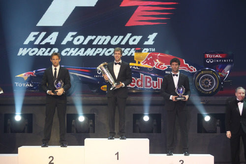 Vettel, Button y Webber en el podio de F1 en la Gala de la FIA 2011