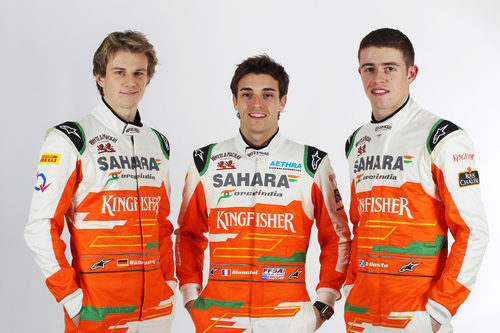 Nico Hülkenberg, Jules Bianchi y Paul di Resta con sus nuevos monos