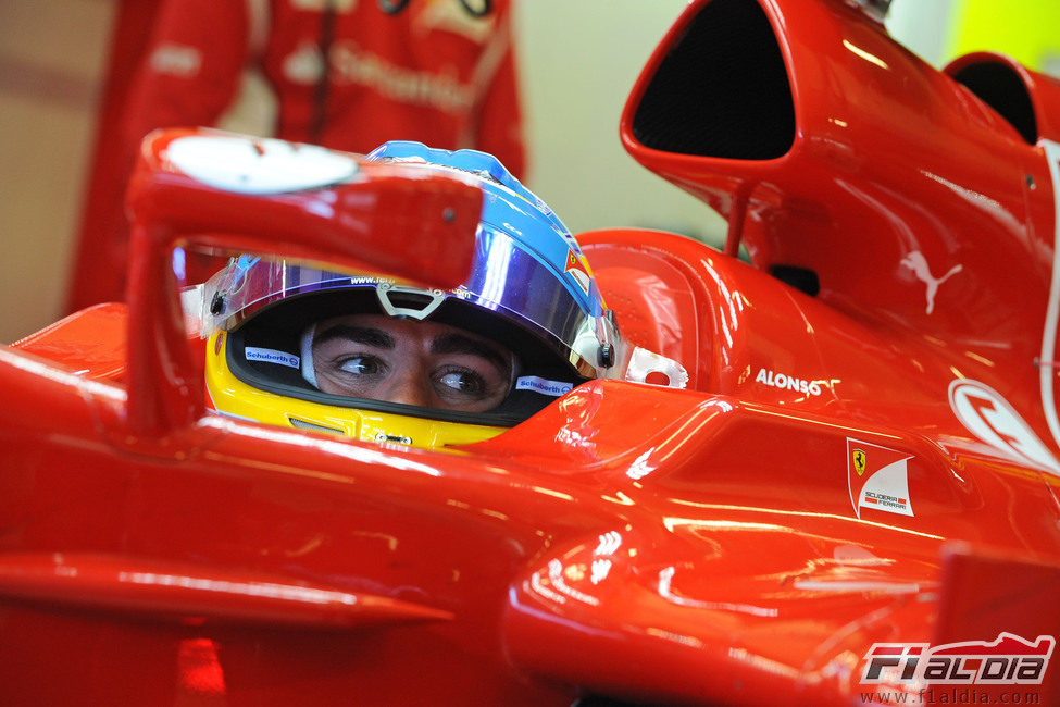 Alonso observa desde dentro de su 'cockpit'