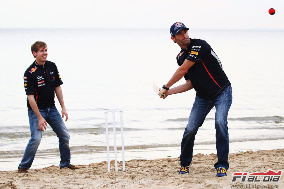 Mark Webber y Sebastian Vettel juegan al cricket en Australia