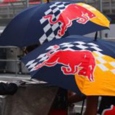 Red Bull tapa su monoplaza con paraguas