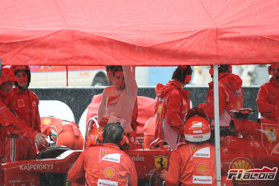 Fernando Alonso bajo el tenderete de Ferrari en Sepang