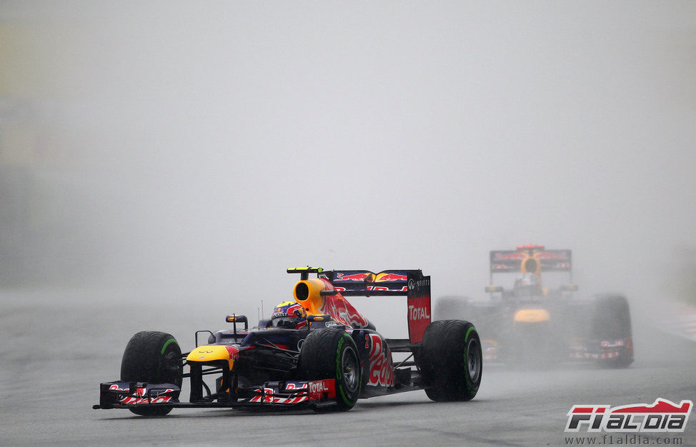 Mark Webber sobre el asfalto mojado de Sepang