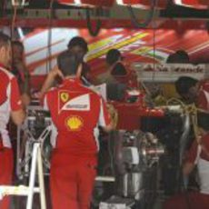 Los mecánicos de Ferrari ponen a punto el F2012 en Montmeló