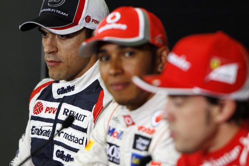 Maldonado, Hamilton y Alonso en la rueda de prensa tras la clasificación