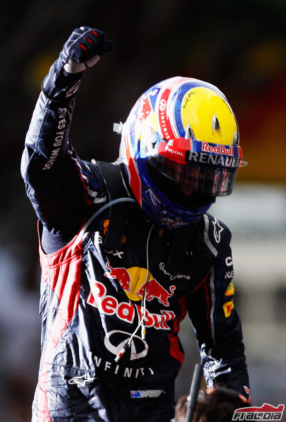 Mark Webber levanta el puño en señal de victoria