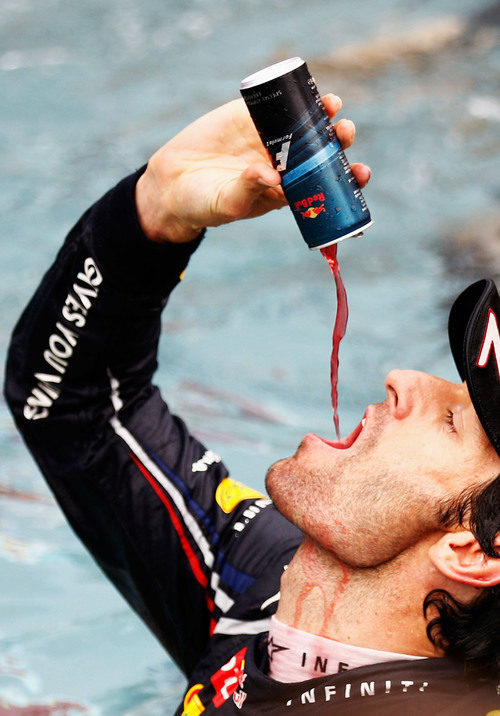 Mark Webber se bebe un Red Bull en la piscina del equipo