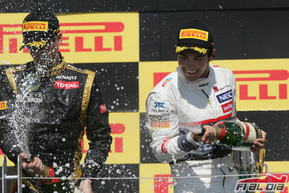 Sergio Pérez y Romain Grosjean en el podio de Canadá