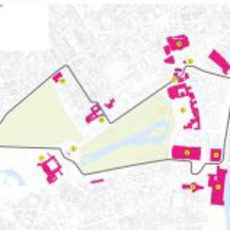 Mapa del circuito de Londres con la ubicación de los edificios clave