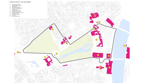 Mapa del circuito de Londres con la ubicación de los edificios clave