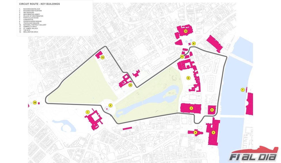 Mapa del circuito de Londres con la ubicación de los edificios clave
