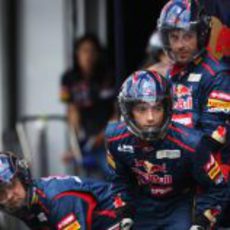 Los mecánicos de Toro Rosso esperan la entrada del coche