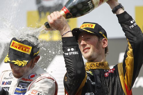 Romain Grosjean celebra su tercera posición en hungría