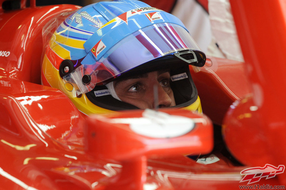 Fernando Alonso espera en el box a que se abra el pitlane