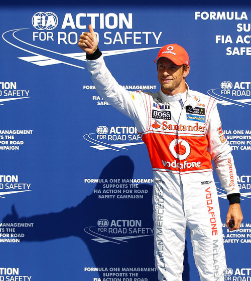 Jenson Button celebra su 'pole' en el GP de Bélgica 2012