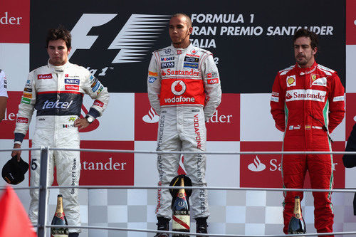 Hamilton, Pérez y Alonso en el podio del GP de Italia 2012
