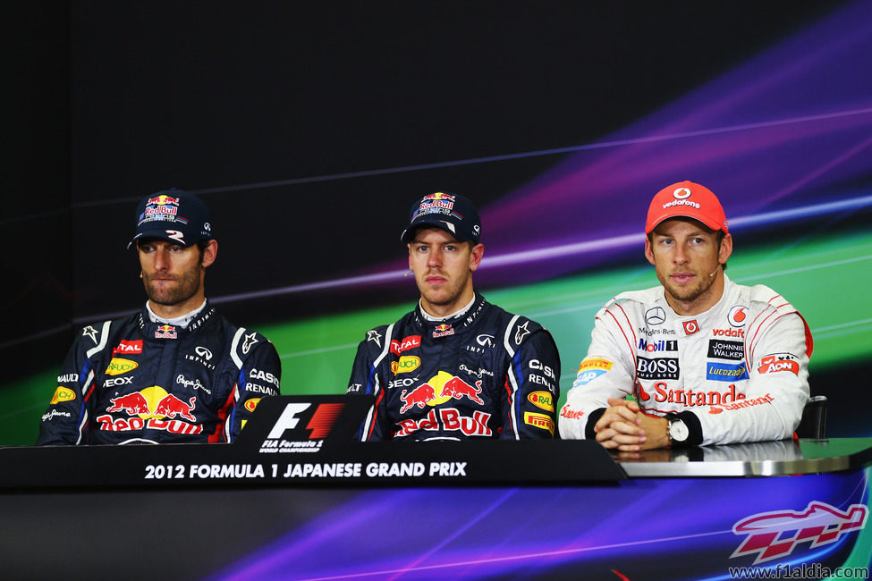 Vettel, Webber y Button en la rueda de prensa de la FIA