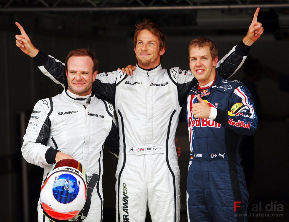 Barrichello, Button y Vettel