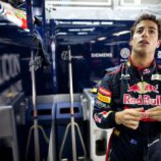 Daniel Ricciardo reacciona en el box de Toro Rosso