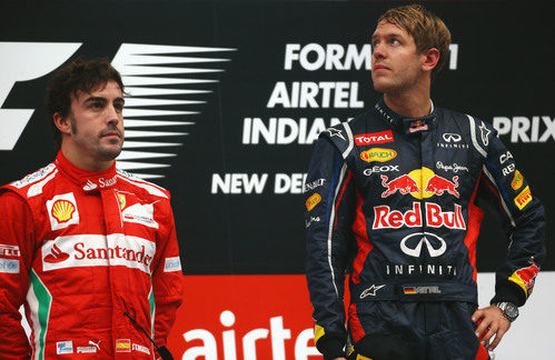 Fernando Alonso y Sebastian Vettel juntos en el podio del GP de India 2012