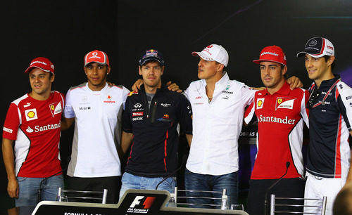 Massa, Hamilton, Vettel, Schumacher, Alonso y Senna en la rueda de prensa de la FIA el jueves en Interlagos