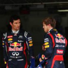 Sebastian Vettel y Mark Webber juntos tras la clasificación del GP de Brasil 2012