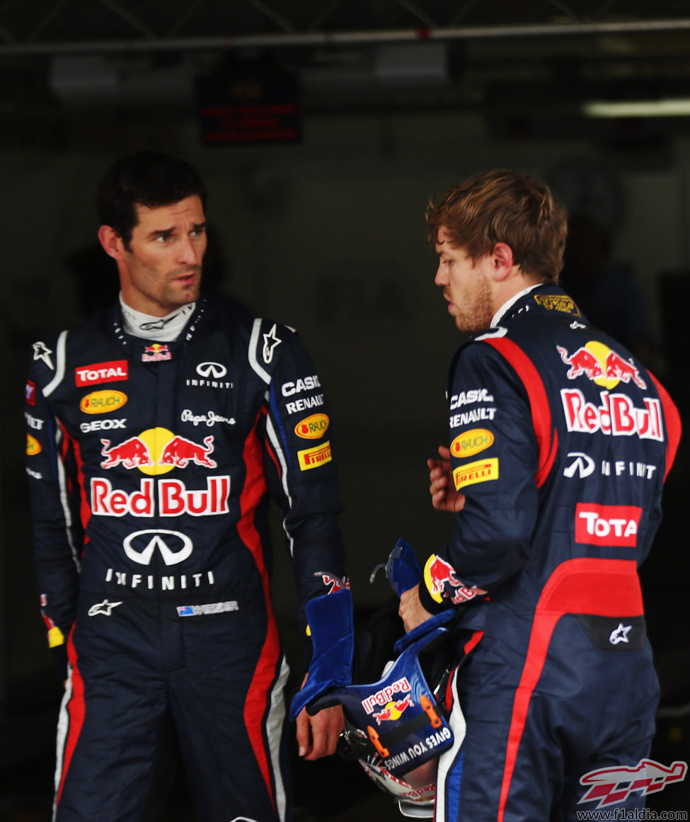 Sebastian Vettel y Mark Webber juntos tras la clasificación del GP de Brasil 2012