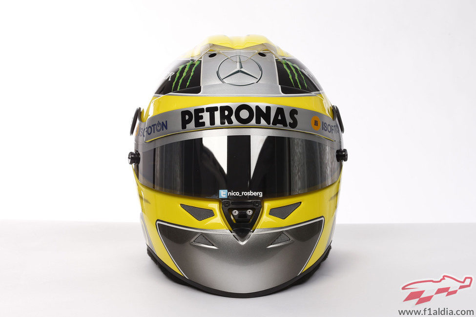Plano frontal del casco de Nico Rosberg