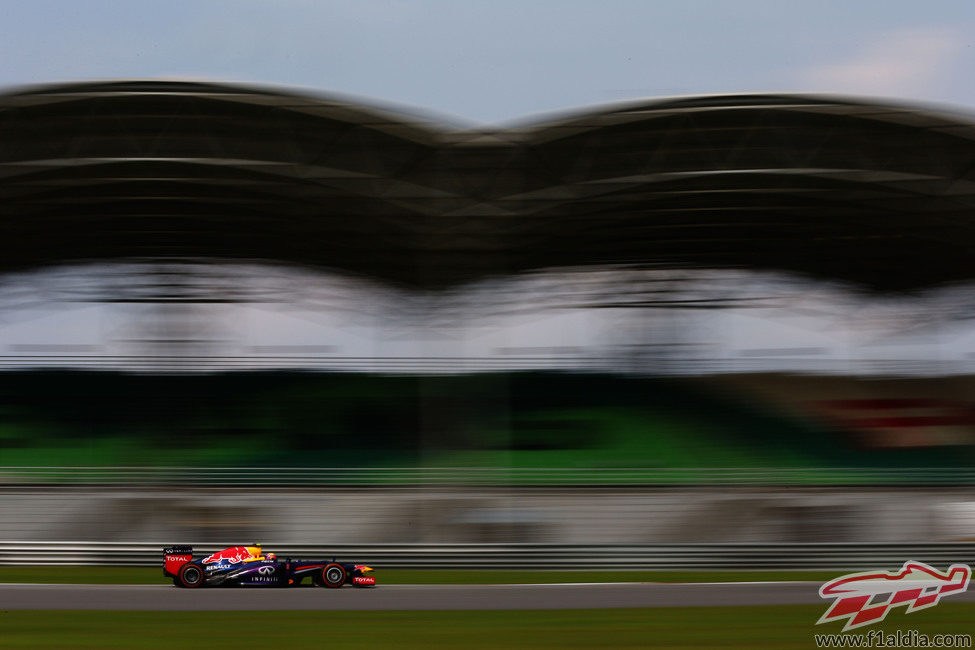 Mark Webber con las gradas del Circuito de Sepang al fondo