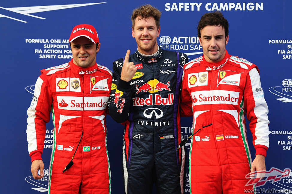 Sebastian Vettel, Felipe Massa y Fernando Alonso tras la clasificación en Malasia