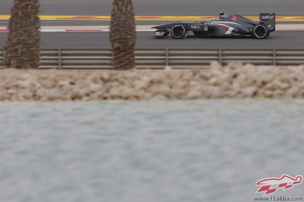 Esteban Gutiérrez lidia con su C32 durante el GP de Baréin 2013