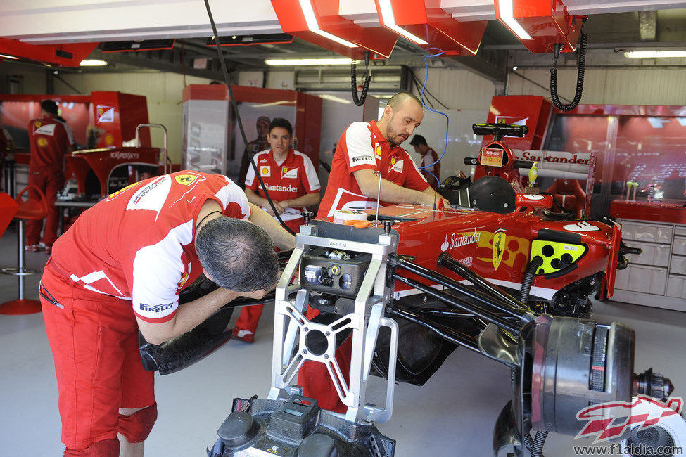Los mecánicos de Ferrari trabajan en el F138