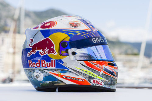 Plano lateral del casco de Daniel Ricciardo para Mónaco