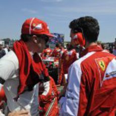 Fernando Alonso habla con Andrea Stella antes de la carrera