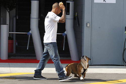 Lewis Hamilton pasea a Roscoe por el paddock de Monza