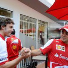 Saludo entre Fernando Alonso y Felipe Massa