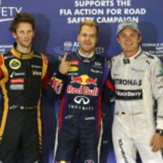 Nico Rosberg, Sebastian Vettel y Romain Grosjean tras la clasificación