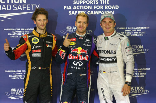 Nico Rosberg, Sebastian Vettel y Romain Grosjean tras la clasificación