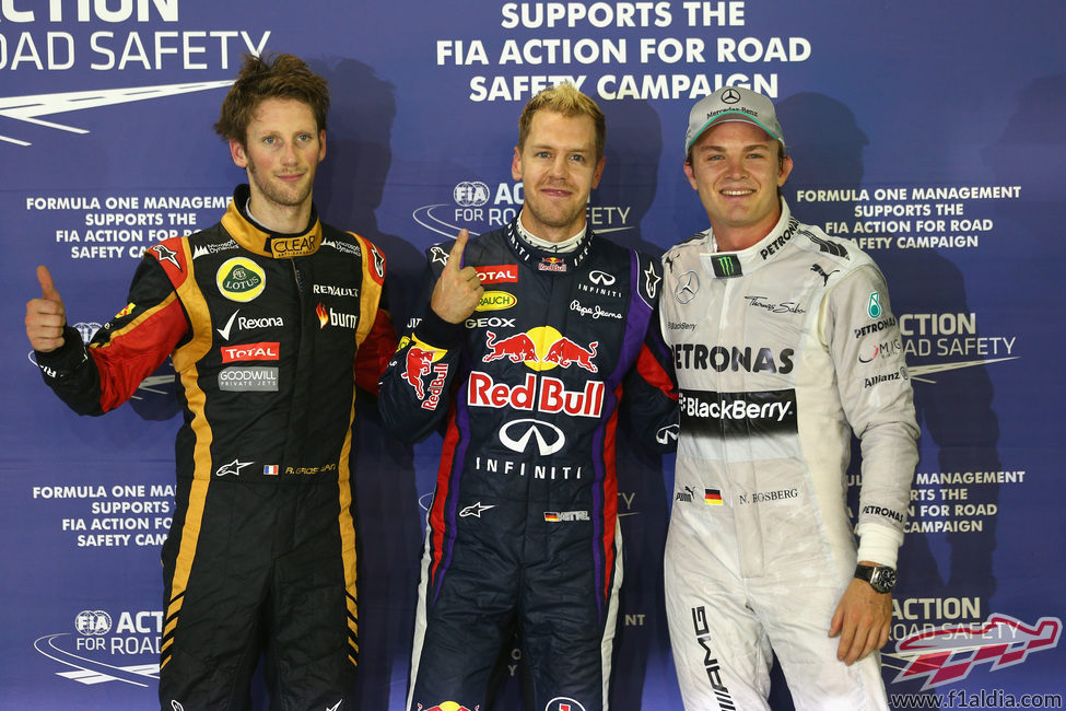 Nico Rosberg, Sebastian Vettel y Romain Grosjean tras la clasificación