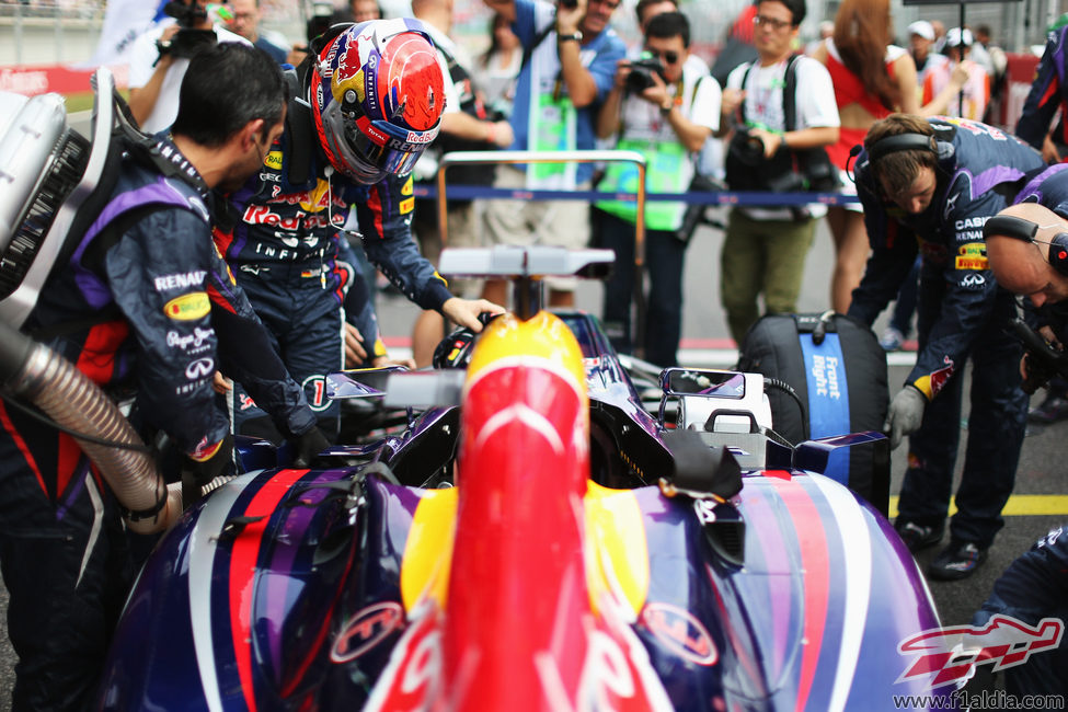 Sebastian Vettel a punto de subirse a su RB9 en la parrilla