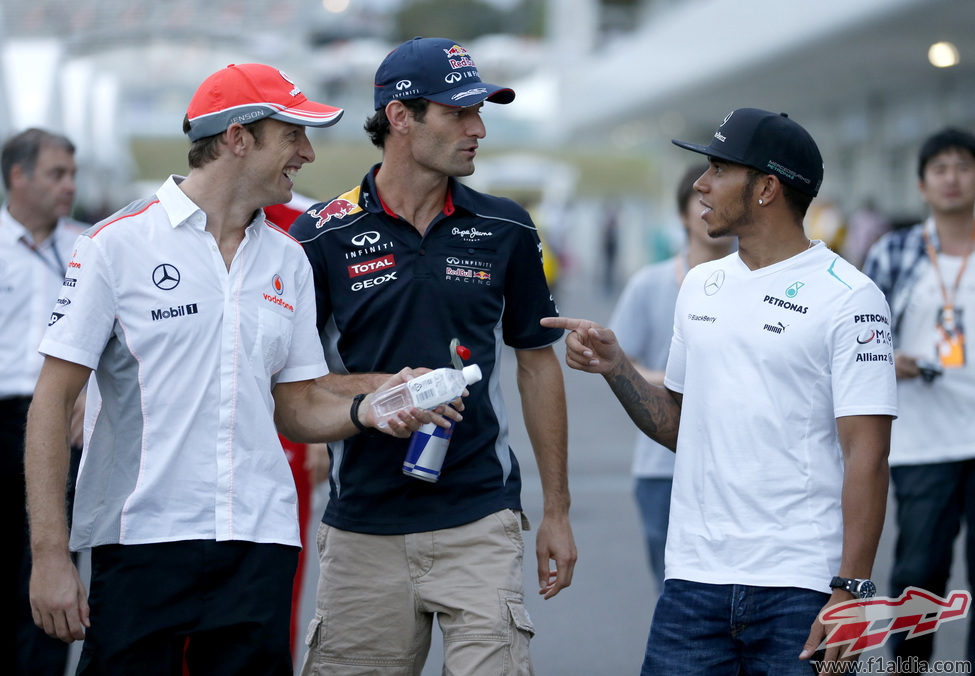 Lewis Hamilton, Mark Webber y Jenson Button en Suzuka