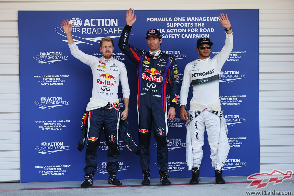 Mark Webber, Sebastian Vettel y Lewis Hamilton tras la clasificación