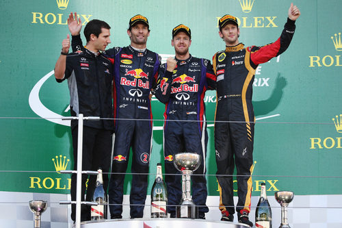 Sebastian Vettel, Mark Webber y Romain Grosjean en el podio