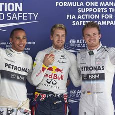 Sebastian Vettel, Lewis Hamilton y Nico Rosberg tras la clasificación