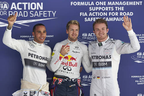 Sebastian Vettel, Lewis Hamilton y Nico Rosberg tras la clasificación